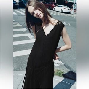 Zara Black Sheath Midi Dress V-Neck Sleeveless